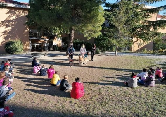 I bambini della scuola elementare di Macerata sono seduti in circoli nel giardino dell'Istituto, in una bella giornata di sole. Stefania Terrè, il suo Italo e le insegnanti sono in piedi davanti ai piccoli