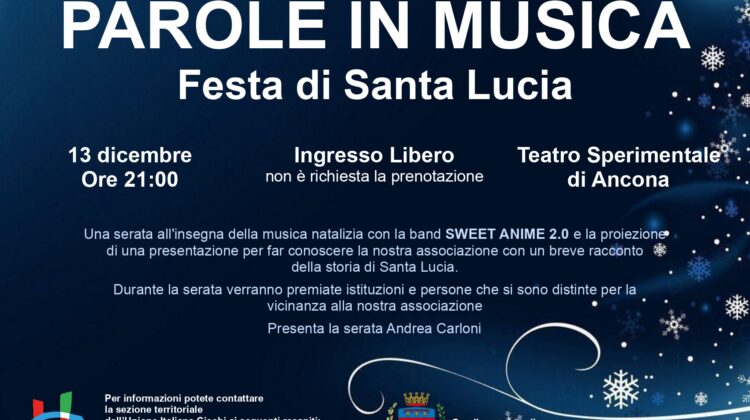 La locandina dell'evento per Santa Lucia promosso da Uici Ancona. Su fondo blu notte, le scritte in bianco con i particolari dell'evento