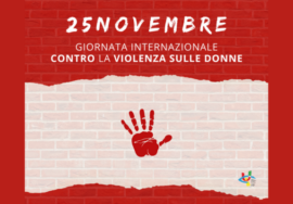 La card del nostro 25 novembre. Su sfondo rosso, in alto la scritta in bianco: 25 novembre, giornata internazionale contro la violenza sulle donne. Al centro uno squardio chiaro, sullo sfondo un muro di mattoncini e in messo il disegno di una mano rossa in segno di stop