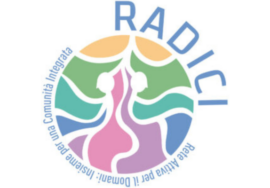 Logo del progetto RADICI - immagine circolare con numerosi colori pastello al suo interno, interrotti da linee bianche che ricordano le radici di un albero e in alcuni punti due sagome di persone di profilo