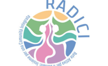 Logo del progetto RADICI - immagine circolare con numerosi colori pastello al suo interno, interrotti da linee bianche che ricordano le radici di un albero e in alcuni punti due sagome di persone di profilo