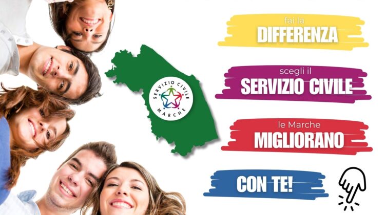 La locandina del servizio civile regionale 2024. Su sfondo bianco, a sinistra i volti di 5 ragazzi si affacciano dall'alto sorridenti. Al centro la cartina della regione Marche in verde con il logo del servizio civile. A destra, su strisce colorate, la scritta: Fai la differenza, scegli il servizio civile, le Marche migliorano con te