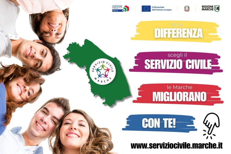 La locandina del servizio civile regionale 2024. Su sfondo bianco, a sinistra i volti di 5 ragazzi si affacciano dall'alto sorridenti. Al centro la cartina della regione Marche in verde con il logo del servizio civile. A destra, su strisce colorate, la scritta: Fai la differenza, scegli il servizio civile, le Marche migliorano con te