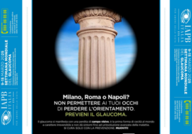 La locandina 2025 della settimana del glaucoma. Su sfondo nero campeggia un cerchio con all'interno il particolare di una colonna antica su un cielo azzurro. In basso la scritta: Milano, Roma o Napoli? Non permettere ai tuoi occhi di perdere l'orientamento. Previeni il glaucoma