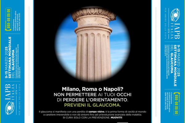 La locandina 2025 della settimana del glaucoma. Su sfondo nero campeggia un cerchio con all'interno il particolare di una colonna antica su un cielo azzurro. In basso la scritta: Milano, Roma o Napoli? Non permettere ai tuoi occhi di perdere l'orientamento. Previeni il glaucoma