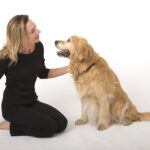 La presidente Uici Ancona, Stefania Terrè, seduta a terra posa sorridente con il suo cane guida, Italo