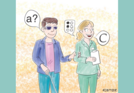 Una delle vignette presenti nell'opuscolo. Una infermiera, vestita di verde, accompagna in ascensore un paziente non vedente che ha in mano un bastone e le tiene il braccio. Il paziente dice: A? L'infermiera risponde: C