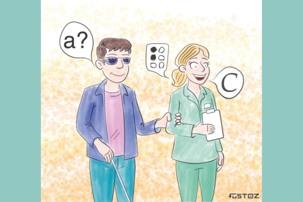 Una delle vignette presenti nell'opuscolo. Una infermiera, vestita di verde, accompagna in ascensore un paziente non vedente che ha in mano un bastone e le tiene il braccio. Il paziente dice: A? L'infermiera risponde: C