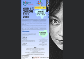 La locandina dell'evento: Su sfondo nero il viso a metà di una ragazza che fissa l'obiettivo. A sinistra, su sfondo celeste sfumato, i loghi degli organizzatori e le indicazioni della giornata