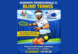 Il disegno di un tennista sorridente pronto a colpire la pallina con la racchetta. Indossa una benda sugli occhi