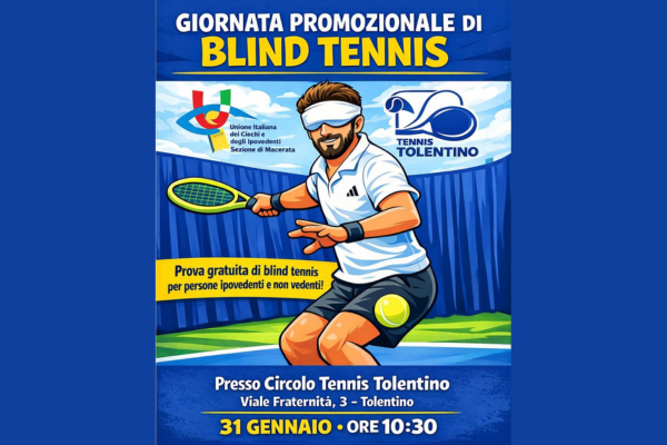 Il disegno di un tennista sorridente pronto a colpire la pallina con la racchetta. Indossa una benda sugli occhi