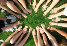 mani e piedi nudi di ragazzi e ragazze in cerchio su un prato verde