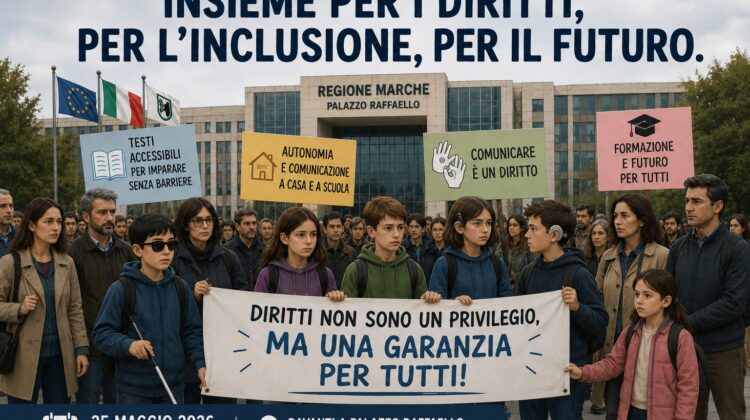 Immagine grafica di manifestazione pacifica davanti a Palazzo Raffaello con ragazzi ciechi, ipovedenti e con disabilità uditiva, insieme a famiglie e sostenitori, per difendere il diritto allo studio e ai servizi per la disabilità sensoriale. In evidenza uno striscione sui diritti e cartelli dedicati a inclusione, accessibilità e comunicazione.